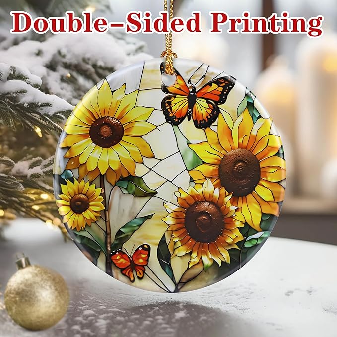 Sunflowers with Butterflies Ornament – Christmas Decoration & Christmas Ornament; Round Ceramic (Holiday Present, Bauble Present, Gift Idea, and Gift Exchange) | Heirloom Keepsake