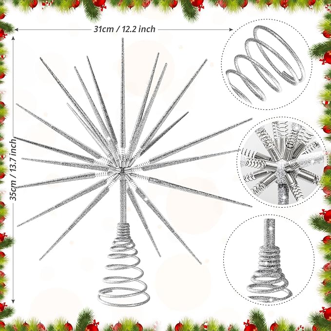 Silver Christmas Tree Topper 13.7 Inch - No DIY Silver Star Burst Tree Topper, Exploding Star Christmas Tree Decorations