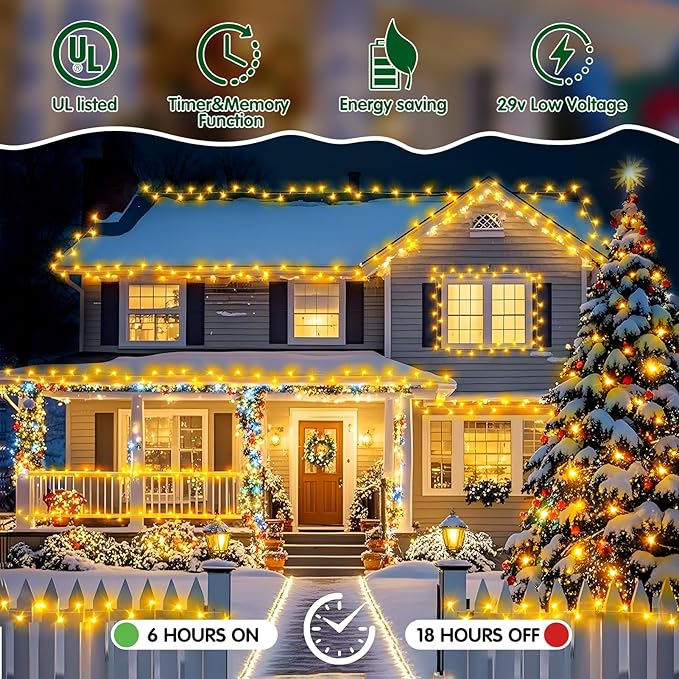 Heceltt Christmas Lights Outdoor, 522FT 1300 LED String Lights with 8 Lighting Modes, Timer Memory Twinkle Fairy Lights Waterproof Plug in for Xmas Tree Wedding Party Holiday Decor(Warm White)