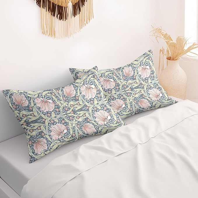 Pink Floral Pillow Protectors with Zipper Standard Size William Morris Flowers Print Pillow Covers Set of 2 Vintage Nature Botanical Pillow Cases Mid Century Modern Bed Pillow Covers 20"x30"