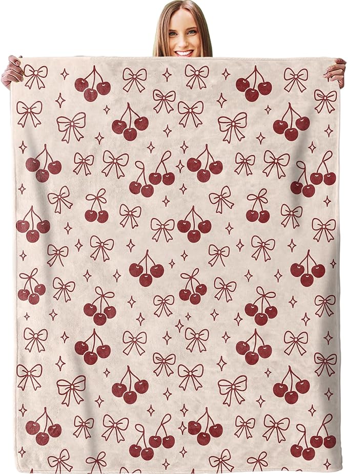 Cherry & Bow Blanket - Plush, Soft, Comfy, Lightweight, Warm, Fuzzy, Cozy Flannel Throw Blanket for Couch, Travel, Bed, Office, Outdoor - 50in×60in