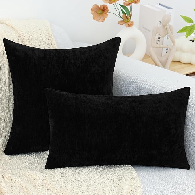 decorUhome Chenille Black Christmas Throw Pillow Covers 18x18 Inch Set of 2, Decorative Soft Couch Pillow Covers Solid Dyed Accent Farmhouse Neutral Square Pillow Cases for Sofa