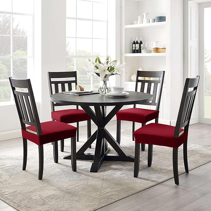 Smiry Stretch Jacquard Seat Covers for Dining Room Chairs Set of 6, Removable Washable Chair Seat Protector Slipcovers, No Rear Covers, Wine Red