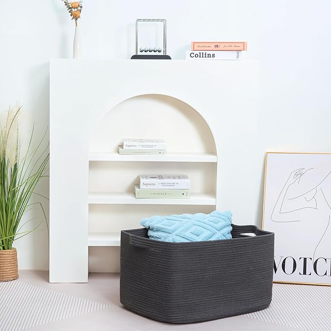 MINTWOOD Design 22in Extra Large Blanket Basket Holder Living Room, Rectangle Rope Woven Storage Basket with Handles for Laundry, Pool Towels, and Shoes, Dog Toy Organizer Bin Box, Charcoal