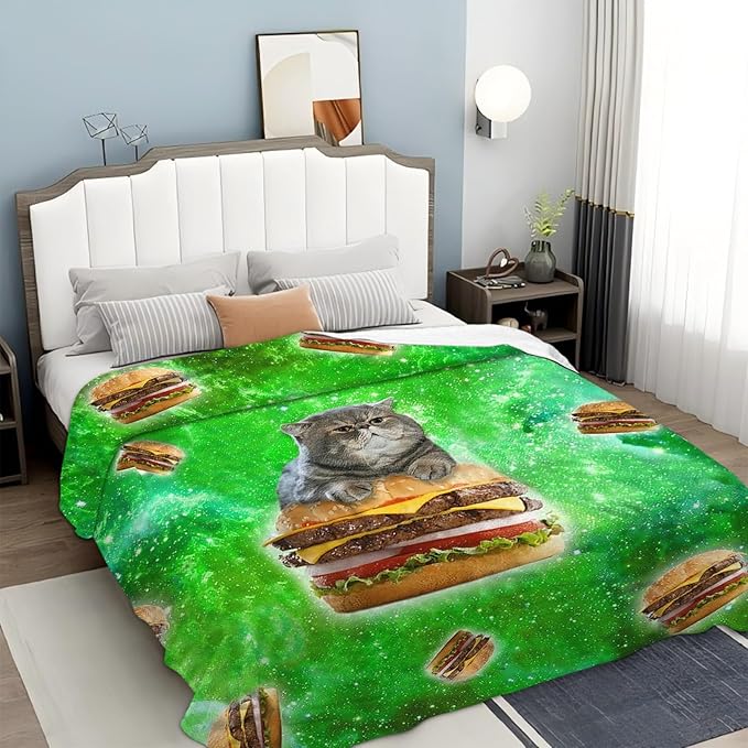 Tijuboni Hamburger Cat Throw Blanket Funny Cat Gifts for Girls Boys Women Men Kids Adults Soft Flannel Fleece Blanket for Couch Sofa Bed Home Decor 40"x50"