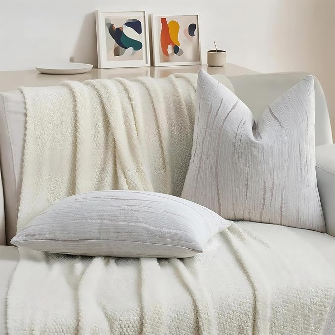HAUSSY Crey Throw Pillow Covers 24x24 Inch Set of 2, Boho Embossed Striped Textured Decorative Pillowcases Soft Chenille Cushion Cases, Modern Home Decor for Couch Bed Living Room