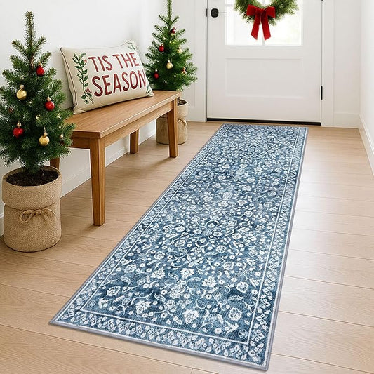 Vintage Runner Rug 2x6, Blue and White Washable Runners for hallways, Super Soft Kitchen Runner Rug Non Slip, Print Faux Wool Thin Carpet Hallway Runner for Entryway Indoor Bedside Runner