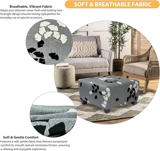 Ottoman Cover Square Slipcovers Printed,Stretch Footrest Stool Cover for Ottoman Square,Soft Foot Stool Cover Protector with Nonslip Elastic Bottom (Medium,Ginkgo Leaves)