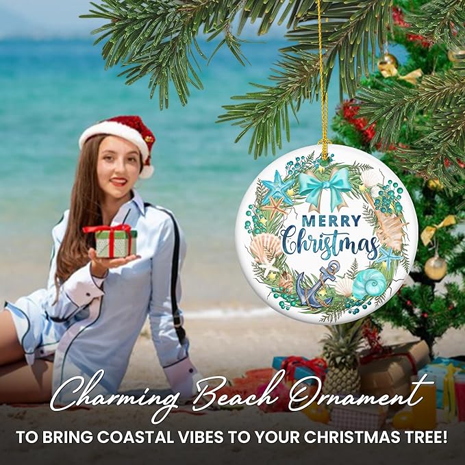 Beach Christmas Ornaments 2025 - Ceramic Ornaments for Tree - Beach Gifts for Women Men Friend, Ocean Ornaments for Christmas Decorations, Stocking Stuffers Ocean Gifts for Xmas Decorations