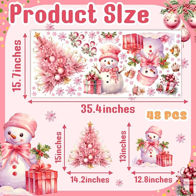 Pink Christmas Window Clings Removable Snowman Static Decals Indoor Home Decoration Double-Sided Xmas Tree Stickers for Glass Winter Pine Tree Snowflakes Cling for Living Room Holiday Party Supplies