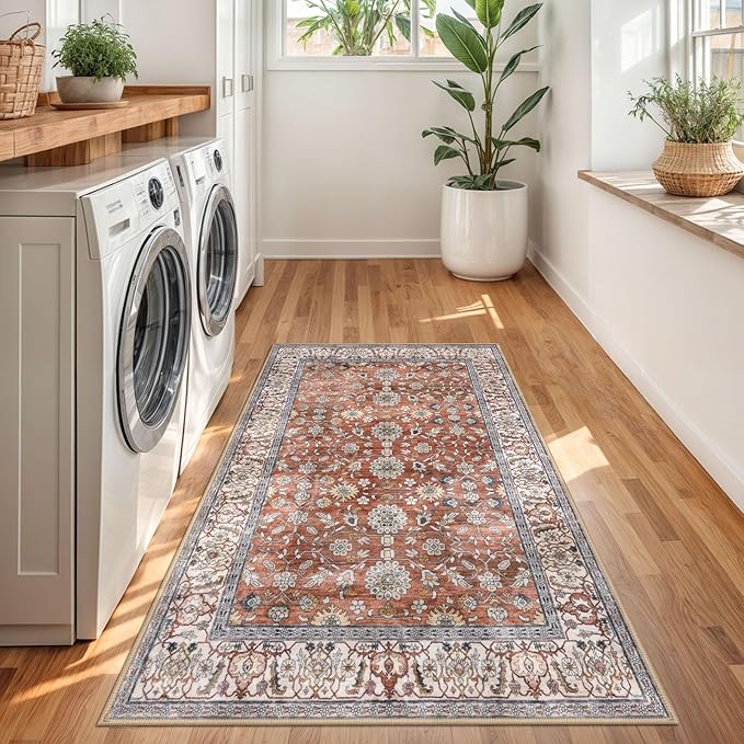 KUTA 3x5 Rugs for Entryway, Vintage Floral Area Rug Washable Non-Slip Terracotta Ultra Thin Soft Printed Distressed Entry Low-Pile Throw Carpet for Bedroom Nursery Living Room