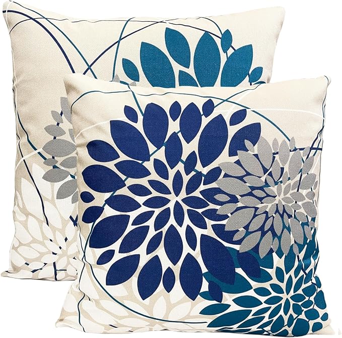 Decorative Throw Pillow Covers Set of 2 Blue Pillow Covers 22x22 inch Linen Square Pillow Cases,Farmhouse Modern Geometric Floral Outdoor Pillow Cover for Couch Sofa Living Room Bedroom