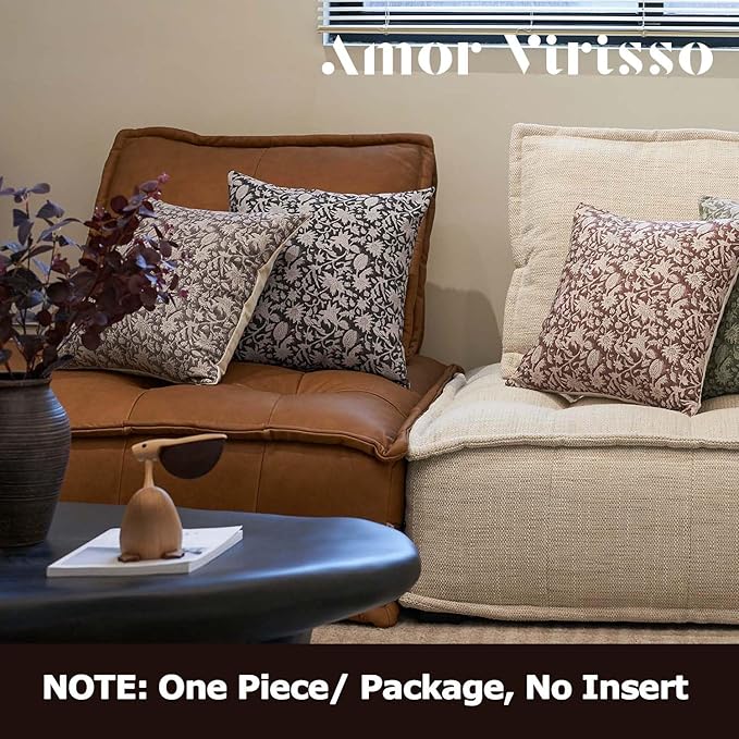 Amor Virisso Throw Pillow Covers 20x20 Floral Pillow Covers Block Print Farmhouse Neutral Pillow Covers Decorative Accent Throw Pillows for Couch Bed Living Room Sofa Pillows 1PC, Brown
