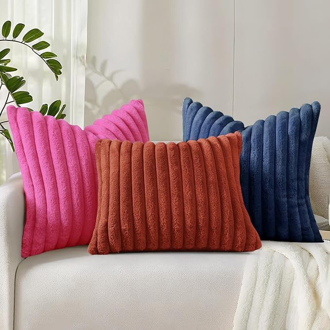 decorUhome Faux Fur Christmas Throw Pillow Covers 22x22 Set of 2, Decorative Soft Plush Striped Neutral Couch Euro Pillow Covers with Velvet Back for Sofa, Bed, Living Room Home Decor, Hot Pink