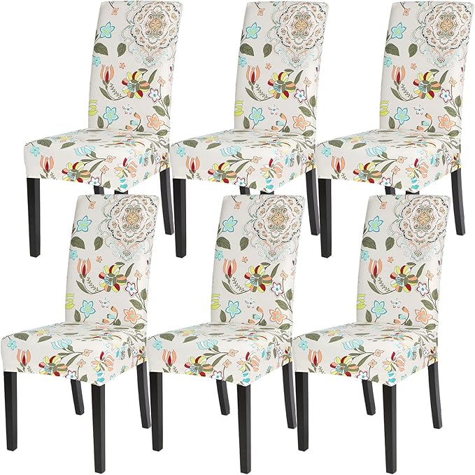 SearchI Dining Room Chair Covers Set of 6, Stretch Printed Flower Kitchen Chair Slipcovers Removable Washable Parsons Chair Covers Protector for Dining Room, Hotel, Ceremony (Floral Pattern1)
