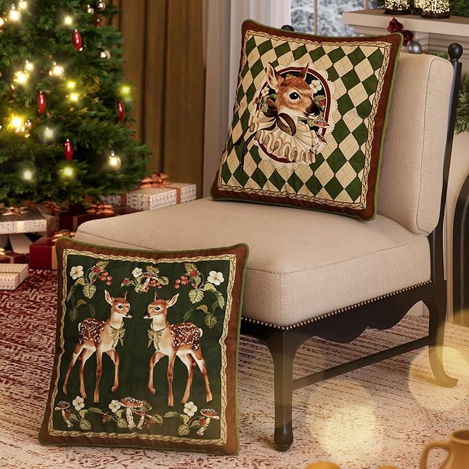 Grandmillennial Holly Deer Green Pillow Cover, Velvet Euro Sham Covers Decorative Throw Pillow Covers 18x18 for Couch Sofa Bed Living Room, Christmas & Holiday