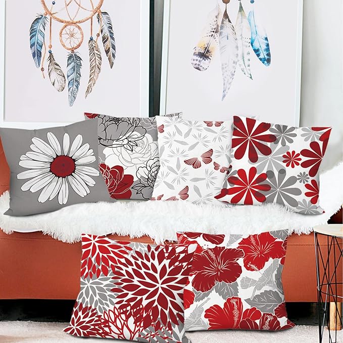COMMINY Red Grey Pillow Covers 20x20 Set of 6, Daisy Flower Throw Pillow Cover Case Rustic Square Cushion Cover for Sofa Bedroom Living Room Farmhouse Home Decor