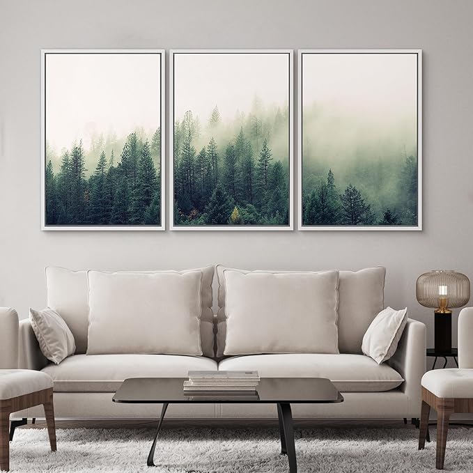 SIGNWIN 3 Piece Framed Canvas Wall Art Green Foggy Mountains Nature Wilderness Photography Abstract Rustic Aerial Canvas Prints Home Artwork Decoration for Living Room,Bedroom - 16"x24"x3 White