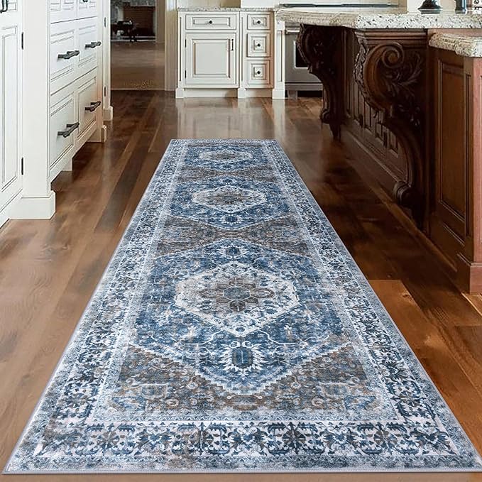 KOZYFLY Long Runners for Hallways 3x10 Ft Washable Kitchen Runner Rug Boho Runner Rug for Entryway Indoor Blue Printed Oriental Faux Wool Stair Floor Carpet Runner for Stair Kitchen Hall