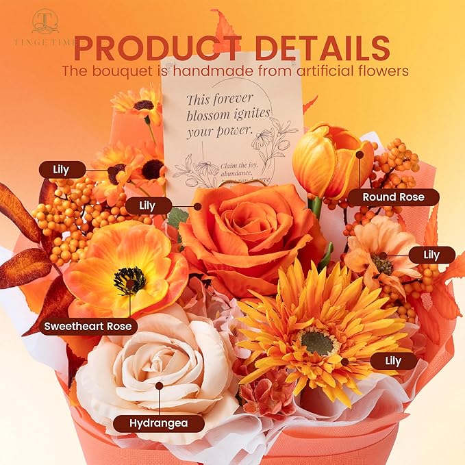 Orange Preserved Flowers Bouquet, Gift Bouquet for Women, Eternal Fake Flower Gift for Christmas Anniversary Birthday Home Décor