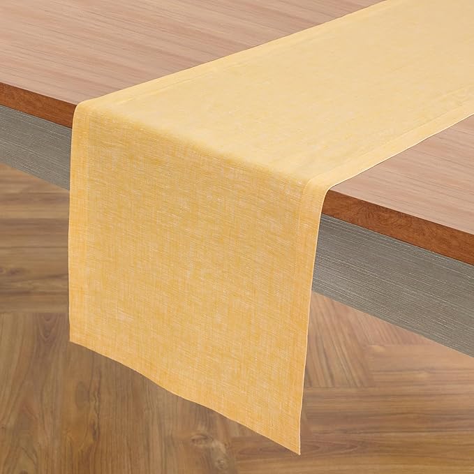 Solino Home Linen Table Runner 120 Inches Long - Athena, 100% Pure Linen Chambray Mustard Yellow Table Runner 14 x 120 Inch for Dining, Spring, Easter