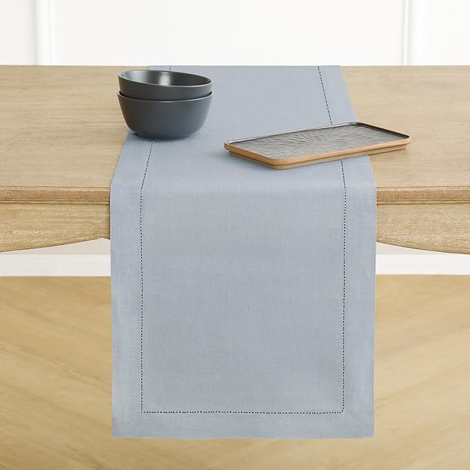 Solino Home Linen Dusty Blue Table Runner 48 Inches - Classic Hemstitch, 100% Pure Linen Coffee Table Runner 14 x 48 Inch Ideal for Dresser Tables - Winter, Spring, Easter