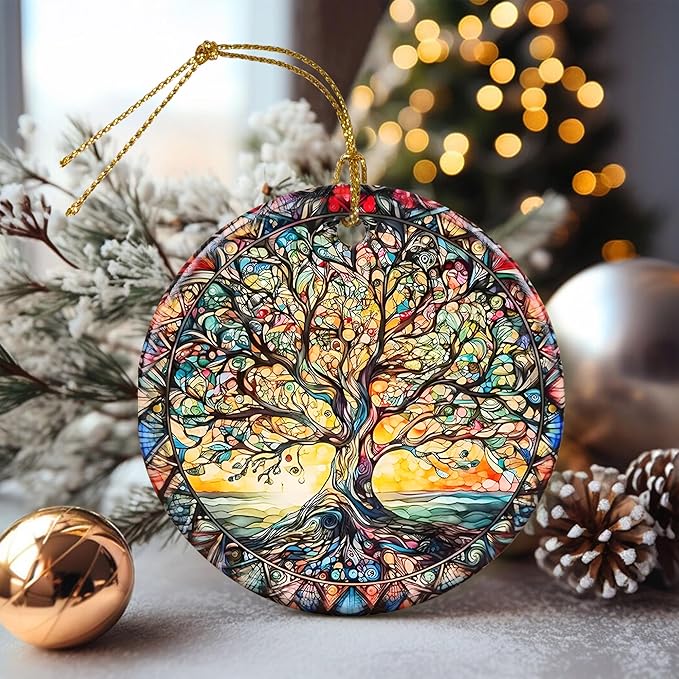Stained Ceramic Tree of Life Ornament - Christmas Decorations for Office, Room, Home - Holiday Present Ideas