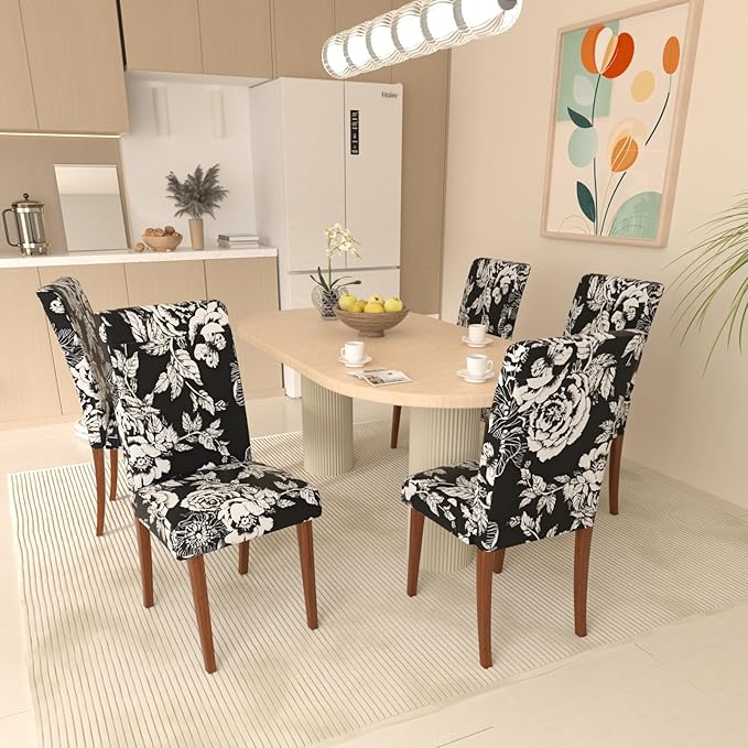 Stretch Dining Chair Covers Set of 6,Floral Print Chair Covers,Soft Removable Washable,Pet Friendly Furniture Protector,Universal Chair Slipcovers for Home, Kitchen,Ceremony Dining Room Seat