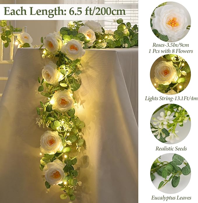 Dolicer 2Pcs 13Ft Artificial Eucalyptus Garlands with Flowers, Faux Floral Greenery Garlands with 13Ft String Lights Fake Flowers Vines for Wedding Centerpieces Arch Party Decor (White)