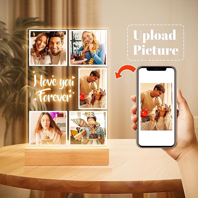 Custom Picture Frames, Customized Photo Frame with Night Light, Personalized Picture Frame, Personalized Anniversary Christmas Birthday Gifts for Women Men Girlfriend Boyfriend Couples Him Her