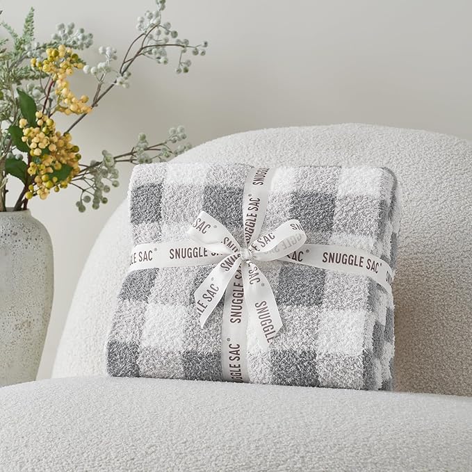 Snuggle Sac Buffalo Plaid Bedding Blanket Twin Size, Super Soft, Cozy Warm Knit Decorative Blankets, Reversible Plaid Fluffy Throws for Bed, Plaid Grey, 60x80 Inches