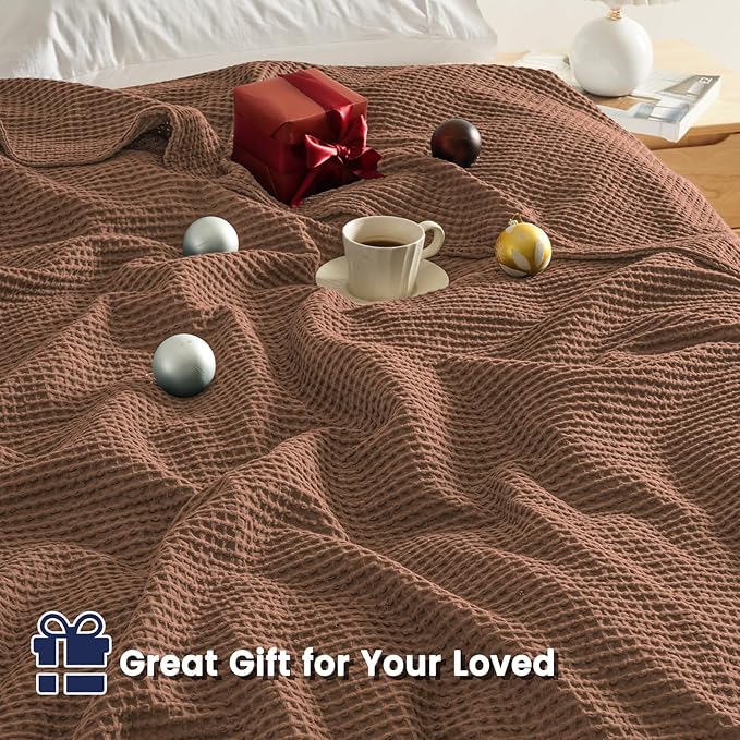 PHF Pre-Washed Cotton Waffle Weave Blanket Throw Size for Couch Bed,Snag Proof Spring Summer Lightweight Breathable,Oeko-TEX Certified,Machine Washable, Home Decor Gift，Cappuccino