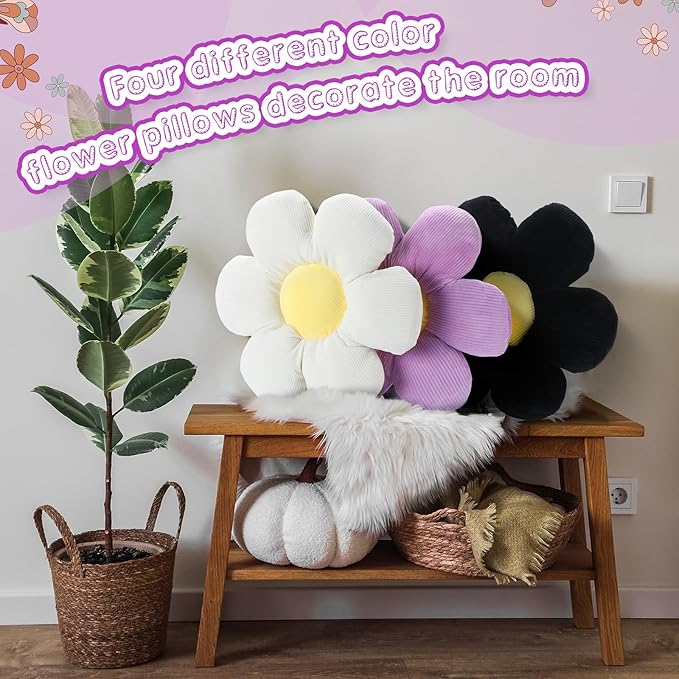 Reginary 4 Pcs Flower Floor Pillows Cute Plush Flower Throw Pillows Daisy Floor Seat Cushion Chair Pads for Christmas First Day of School for Sofa Couch Bed Decor(15 Inch,Black, White, Purple)