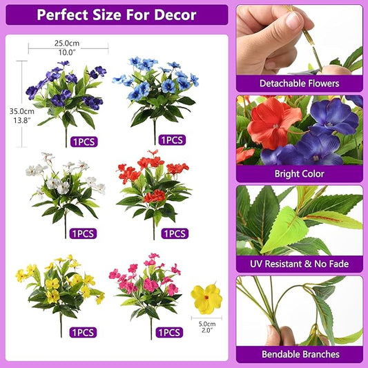 Artificial Fake Flowers for Outdoor, 6 Bundles UV Resistant Faux Plants Decoration Silk Flowers No Fade Plastic Flowers for Outside Planters Home Porch Patio Yard Garden Decor