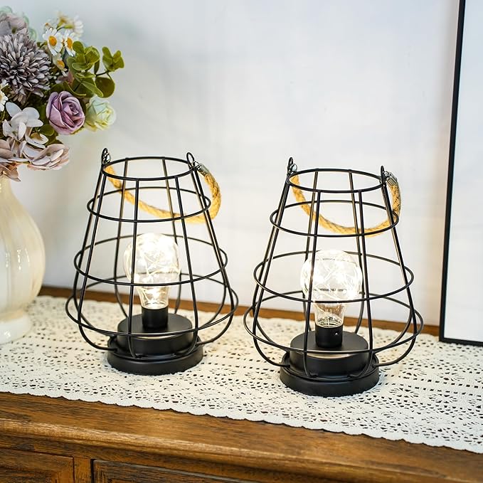 JHY DESIGN Set of 2 Cage Bulb Lantern Decorative Table Lamps 8.5" H Battery Powered Cordless Lights with Warm White Fairy Lights LED Edison Bulb Lamp for Living Room Bedroom Home Wedding(Black)