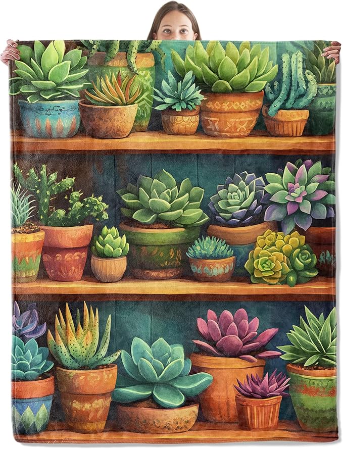 Colorful Succulent Blanket, Cozy Plant Throw Blanket for Couch Bedroom Outdoor, Lightweight Soft Flannel Travel Blankets, Gifts for Women Adults Kids, Home Cabin Garden Decor 50"×60"