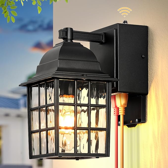 Gleamz Dusk to Dawn Outdoor Porch Light with GFCI Outlet, Modern Black Exterior Lighting Fixtures Wall Mount for House, Anti-Rust Outdoor Wall Sconce Lantern for Garage Coach with Water-Ripple Glass