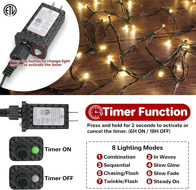 Extra Long 132FT Christmas Decorative Mini Lights, 400 LED Green Wire Fairy Starry String Lights Plug in, Timer & Memory & 8 Modes, for Indoor Outdoor Xmas Tree Wedding Party Decoration,Warm White