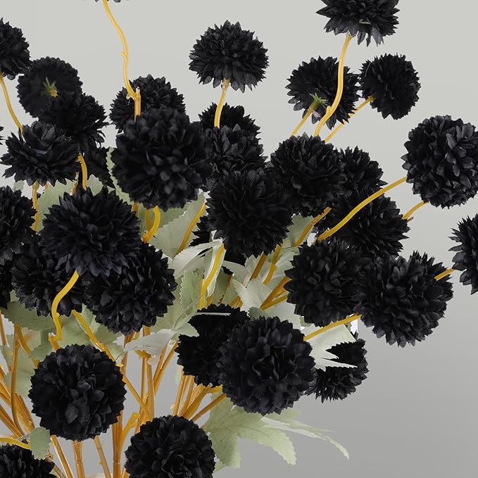 Hananona 12 Piece Artificial Chrysanthemum Flowers, Mini Black Kiku Pom Pom Mums Flower Faux Floral Arrangements Halloween Centerpiece for Fall Home Kitchen Decor (12, Black)