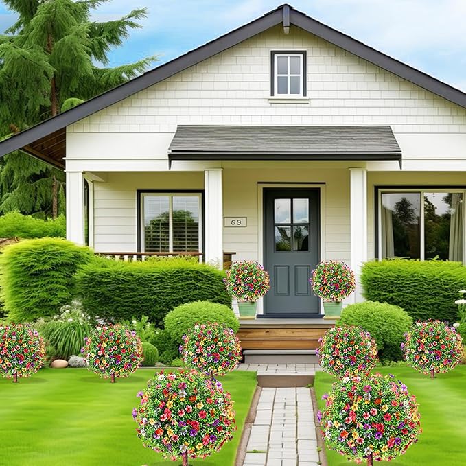 27.5" Artificial Boxwood Topiary Ball Trees with Colorful Flowers, Set of 2 Fake Bushes Shrubs with Ground Spike, UV Resistant Faux Evergreen Tree for Front Porch Outdoor Garden Decor