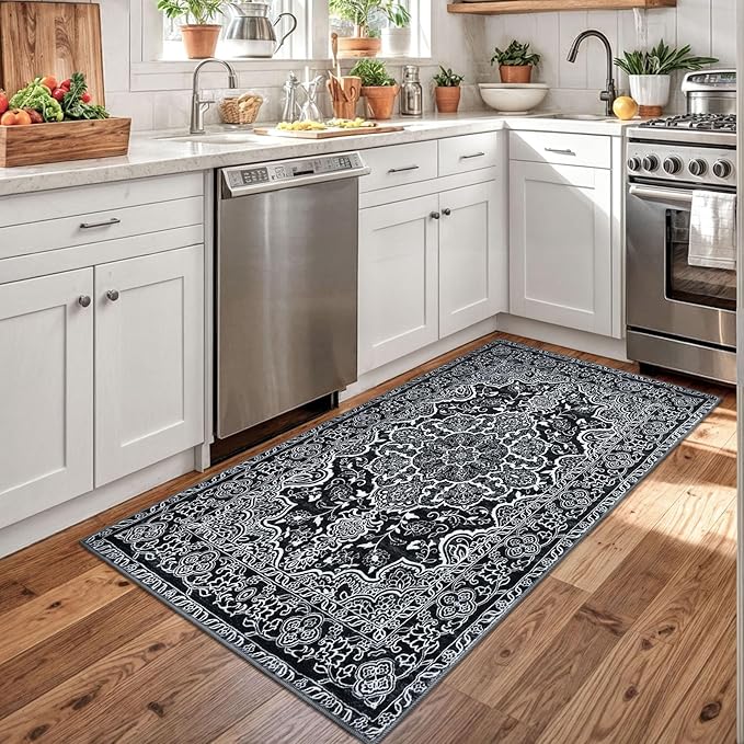 KUTA 3x5 Rugs for Entryway Non-Slip Washable Area Rug, Vintage Floral Kitchen Rugs Black, Ultra Soft Printed Medallion Tribal Entry Low-Pile Carpet for Entrance Bedroom Nursery Dorm Décor