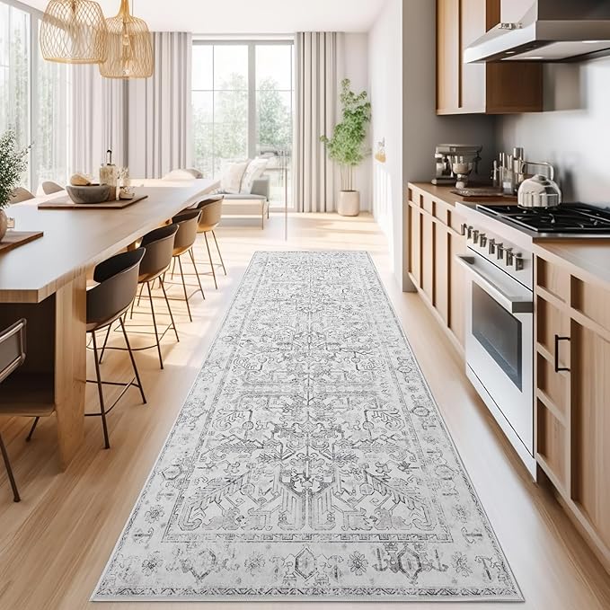 jinchan Lima Hallway Runner Rug 3x10 Washable - Vintage Floral Non Slip Low-Pile Soft Ultra-Thin Faux Wool Kitchen Rug Distressed Carpet Runner for Farmhouse Bedroom Laundry (3x10ft, Grey)