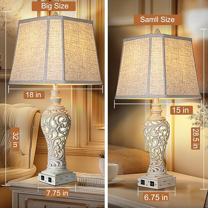 32" Tall Table Lamps Set of 2 - Bedside Lamp with Fabric Shades - for Bedroom and Living Room with USB and Nightlight - Perfect for Nightstands and Bedrooms - Bulbs Included