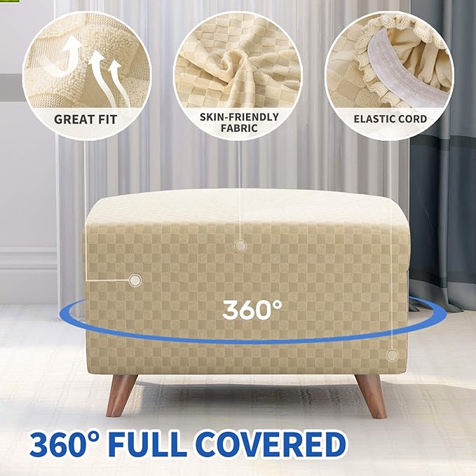 MAXIJIN Jacquard Ottoman Cover Slipcovers Folding Storage Stool Furniture Protector Cover Soft Thick Rectangle Foot Rest Slipcover with Elastic Bottom (Ottoman Large, Light Beige)