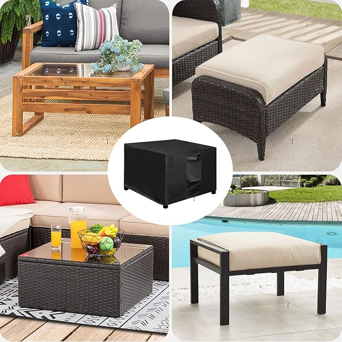 OutdoorLines Outdoor Waterproof Patio Ottoman Covers - Square UV-Proof Patio Side Table Cover Windproof Heavy-Duty Furniture Covering Protector 21L x 21W x 17H Inch, Black