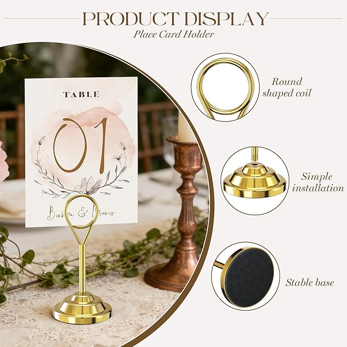 Urban Deco 16 Pieces Table Card Holder Place Card Holders 4 inches Steel Card Holders for Photos, Food Signs, Memo Notes, Weddings, Restaurants, Birthdays (Gold Round)