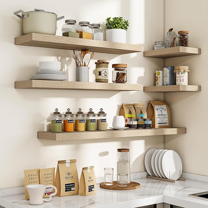 72 Inch Floating Shelves, 3D Textured Wood Grain, 72"x9.25"x1.5" Inch Deep Floating Shelves for Wall, Wooden Shelves for Bathroom, Bedroom, Living Room, Vintage White Oak, 1 Piece