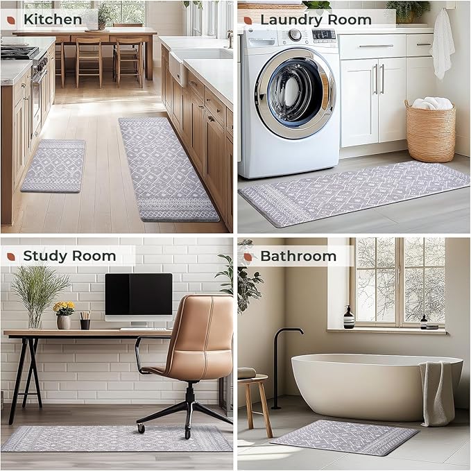 FRESHMINT Anti Fatigue Kitchen Mats for Floor 2 Piece Set, Waterproof & Non-Skid Moroccan Geo Kitchen Rugs, Cushioned Kitchen Mat for Standing Washable Comfort Desk Kitchen Runners, 17x30''+17x47''