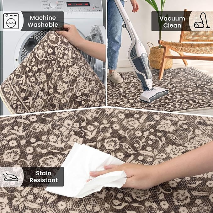 Vintage 3x5 Washable Rug for Entryway, Super Soft Rust Brown Red Entryway Rug with Non-Slip, Printed Faux Wool Floral 3x5 Area Rug Thin Floor Carpet for Kitchen, Bedroom, Living Room