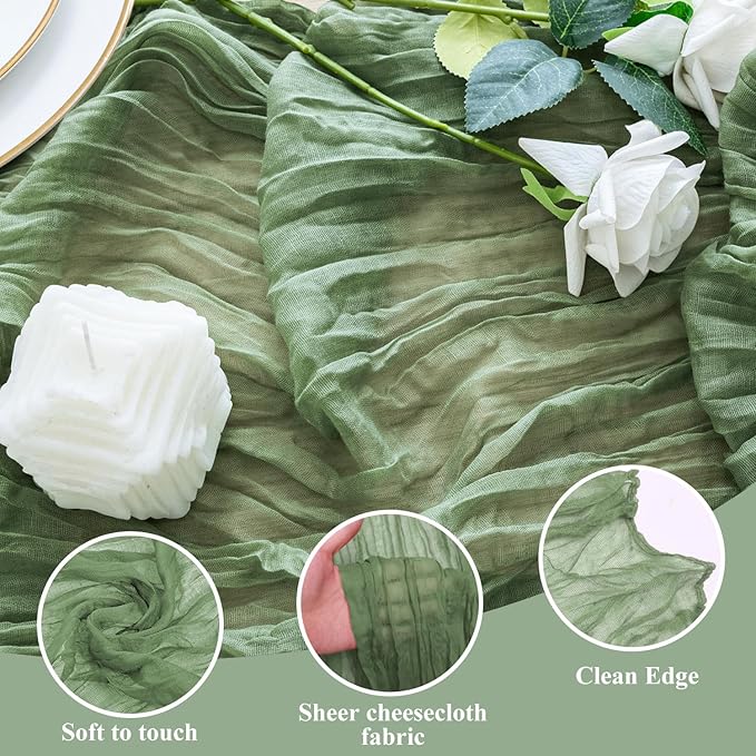 2PCS Table Runner Cheesecloth 10FT Sage Green Boho Gauze Cheese Cloth Rustic Sheer Table Runners for Wedding Bridal Baby Shower Party Decoration